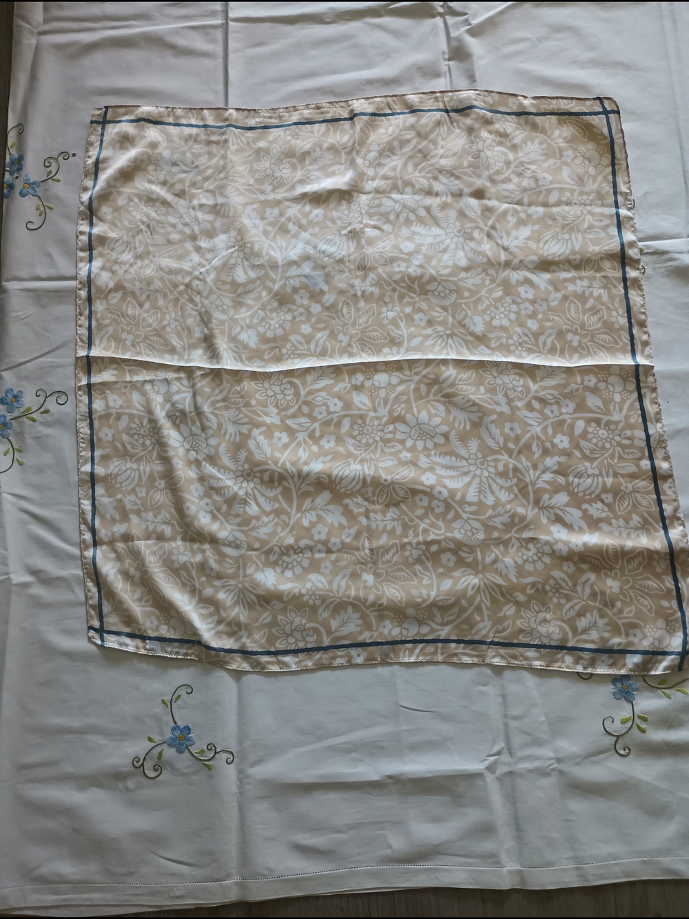 Beige Floral Silk Scarf with Blue Trim